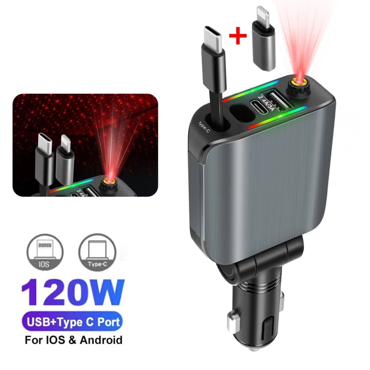 Chargeur Fast Type C + IOS et Eclairage ciel etoilé 120W – Image 3