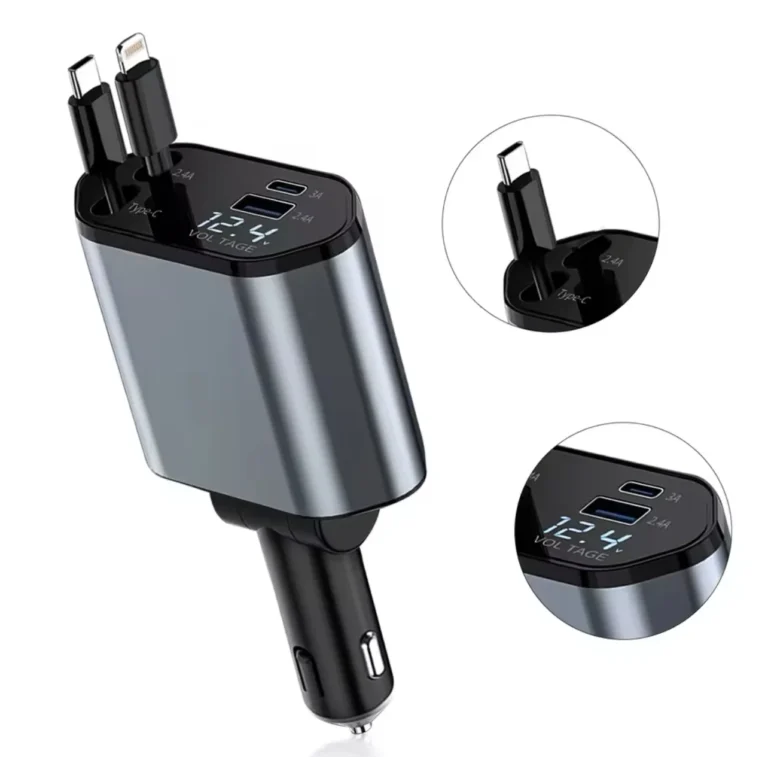Chargeur de Voiture Rapide 4-en-1 (66W) – Câbles Rétractables Type-C & iPhone
